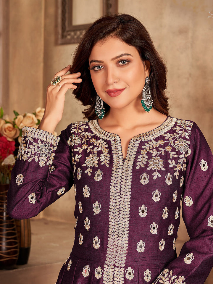 Purple Embroidered Art Silk Semi Stitched Kurta With Pant &amp; Dupatta