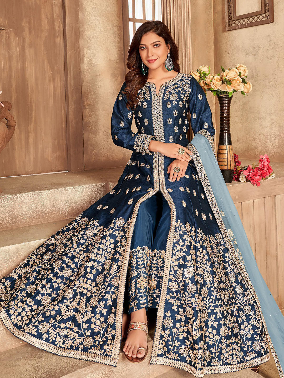 Blue Embroidered Art Silk Semi Stitched Kurta With Pant &amp; Dupatta