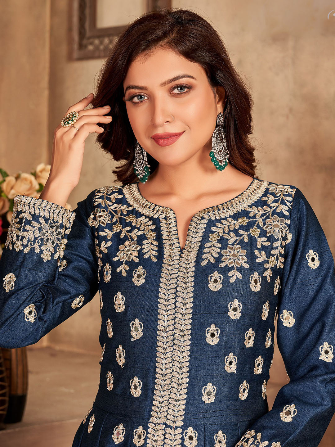 Blue Embroidered Art Silk Semi Stitched Kurta With Pant &amp; Dupatta