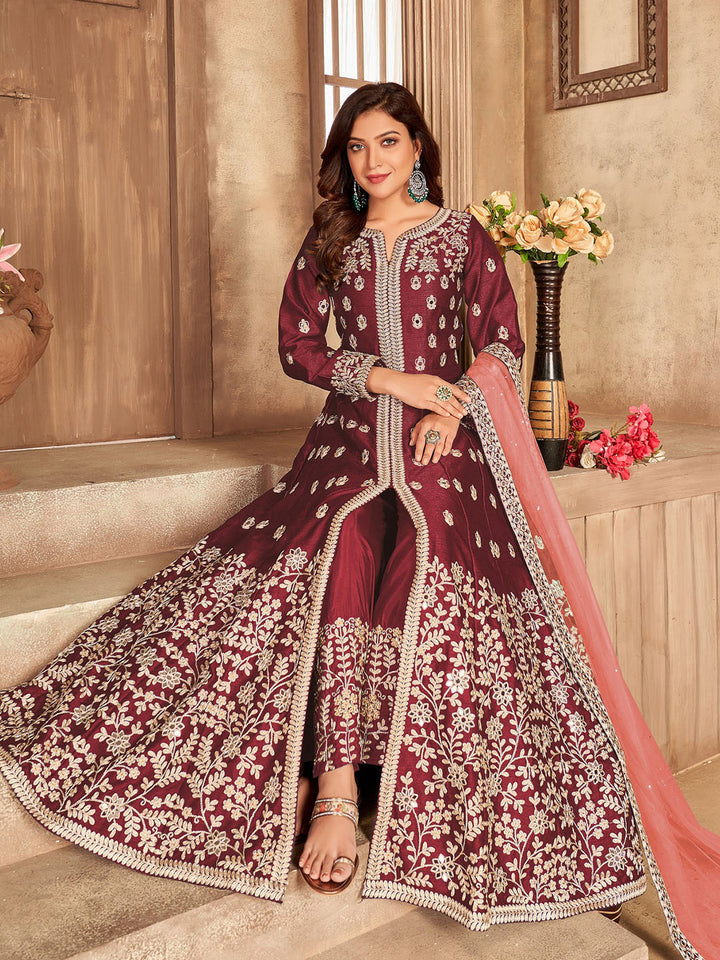Maroon Embroidered Art Silk Semi Stitched Kurta With Pant &amp; Dupatta