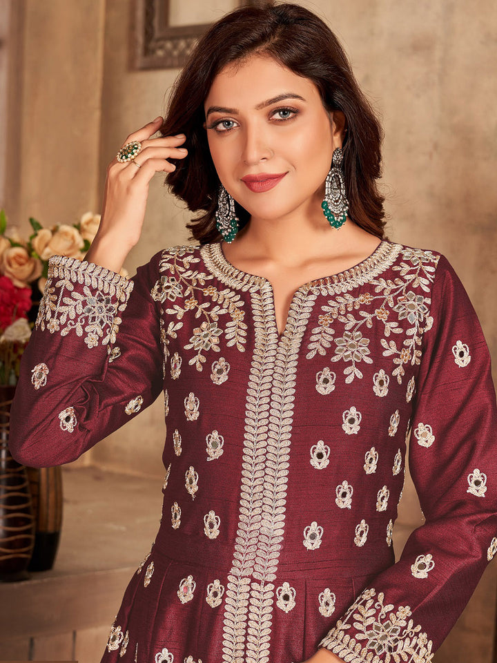 Maroon Embroidered Art Silk Semi Stitched Kurta With Pant &amp; Dupatta