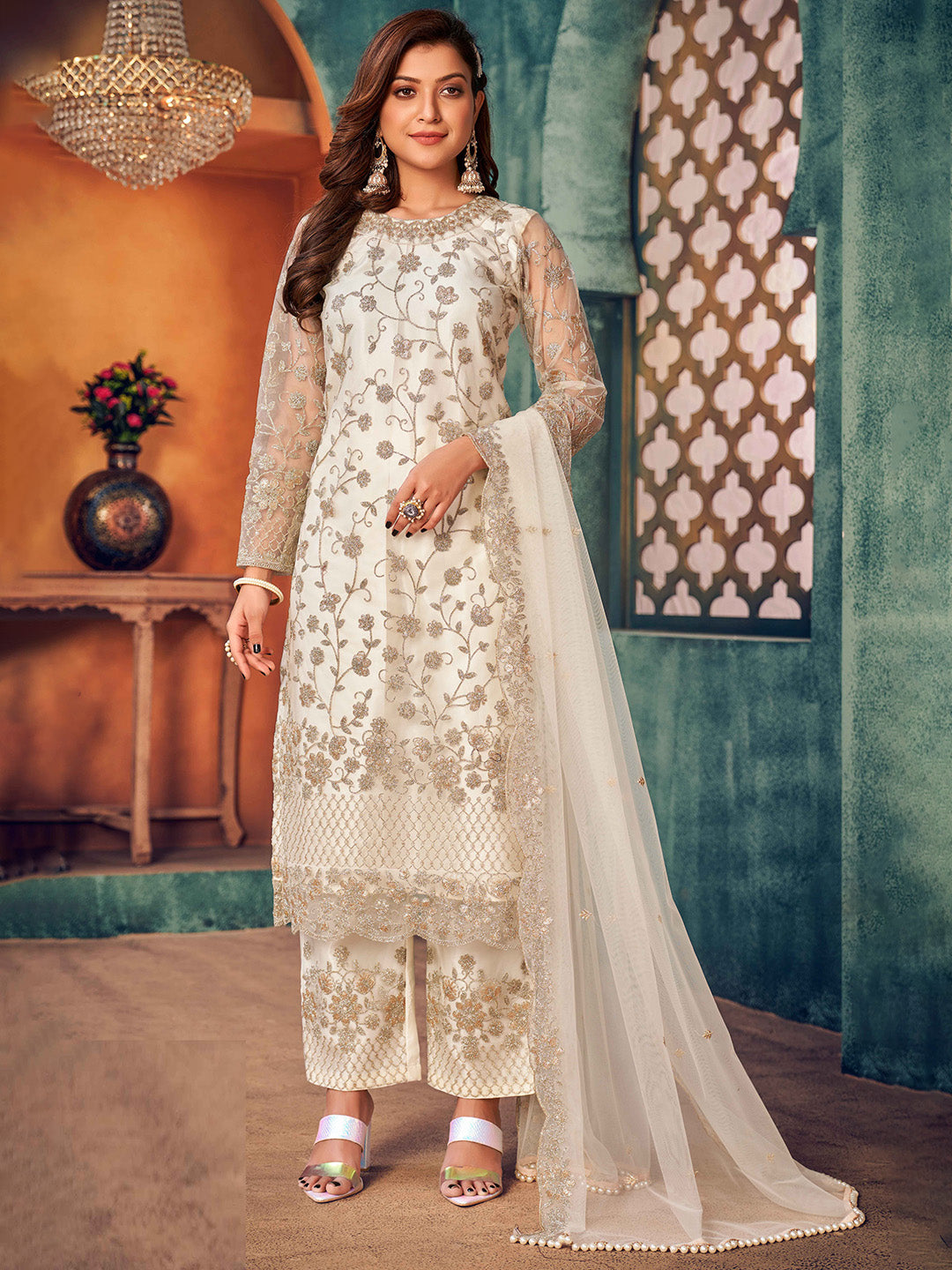 Off White Embroidered Net Semi Stitched Kurta With Palazzo &amp; Dupatta