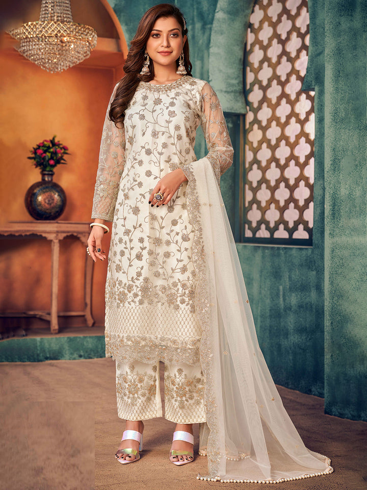 Off White Embroidered Net Semi Stitched Kurta With Palazzo &amp; Dupatta