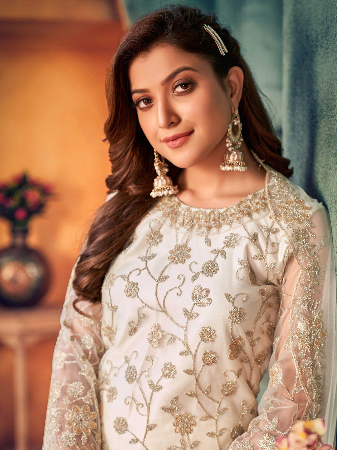 Off White Embroidered Net Semi Stitched Kurta With Palazzo &amp; Dupatta