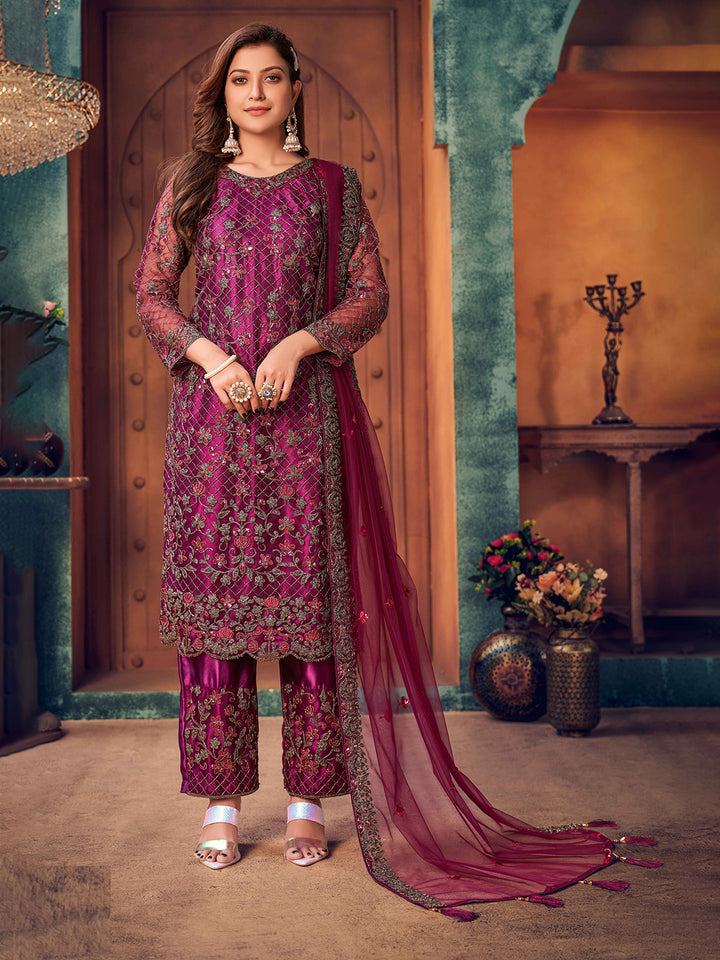 Wine Embroidered Net Semi Stitched Kurta With Palazzo &amp; Dupatta