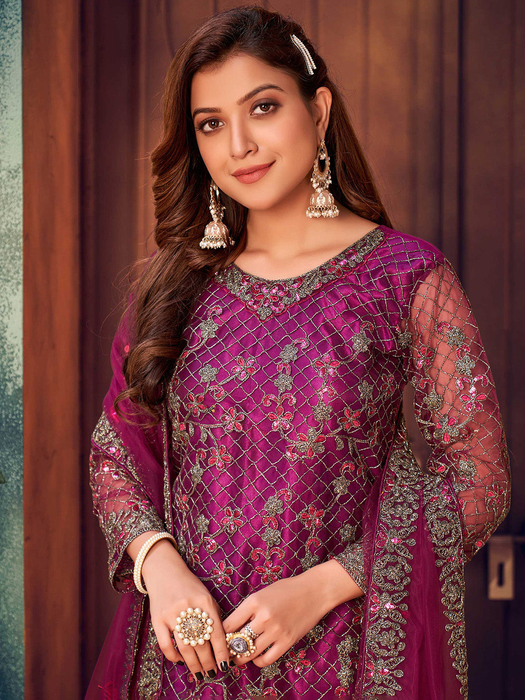 Wine Embroidered Net Semi Stitched Kurta With Palazzo &amp; Dupatta