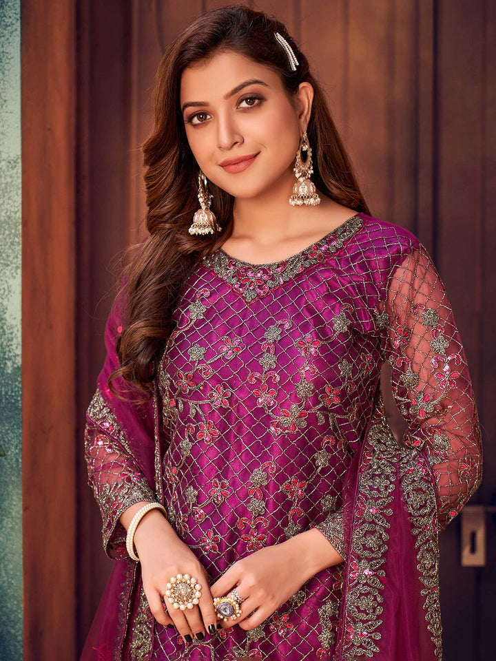 Wine Embroidered Net Semi Stitched Kurta With Palazzo &amp; Dupatta