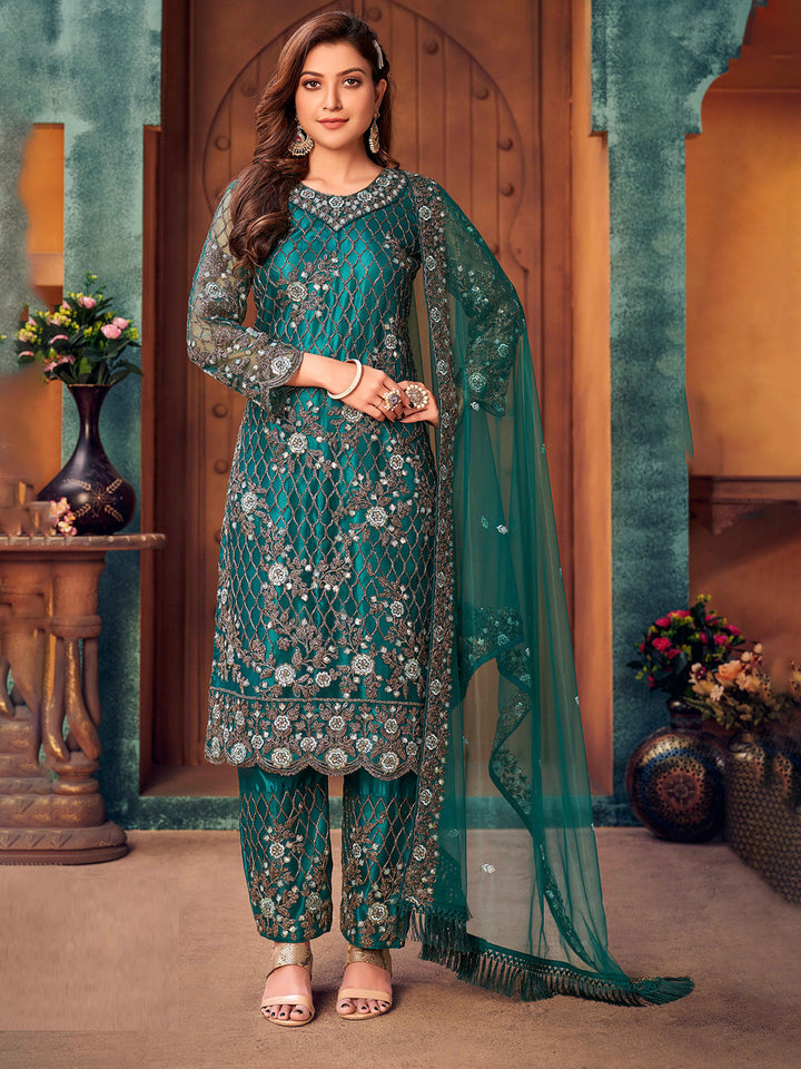 Green Embroidered Net Semi Stitched Kurta With Palazzo &amp; Dupatta