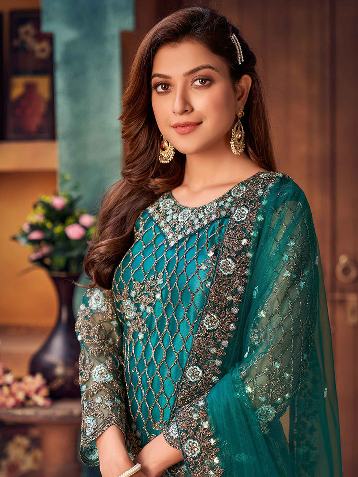 Green Embroidered Net Semi Stitched Kurta With Palazzo &amp; Dupatta