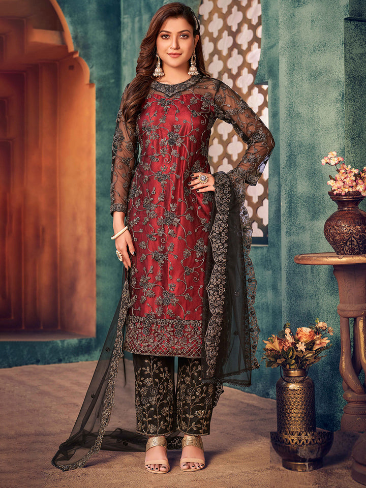 Black Embroidered Net Semi Stitched Kurta With Palazzo &amp; Dupatta