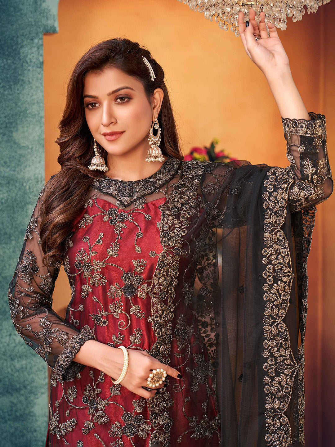 Black Embroidered Net Semi Stitched Kurta With Palazzo &amp; Dupatta