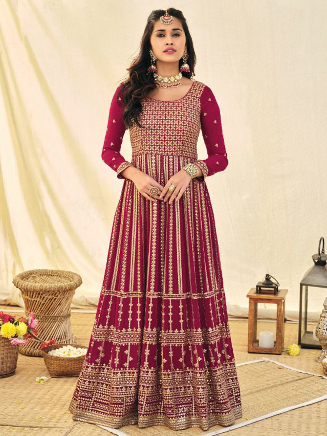 Pink Embroidered Georgette Semi Stitched Kurta Chudidar &amp; Dupatta