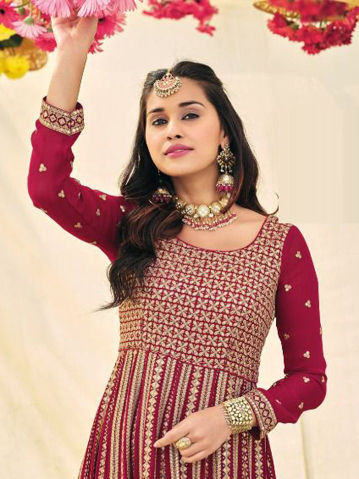 Pink Embroidered Georgette Semi Stitched Kurta Chudidar &amp; Dupatta