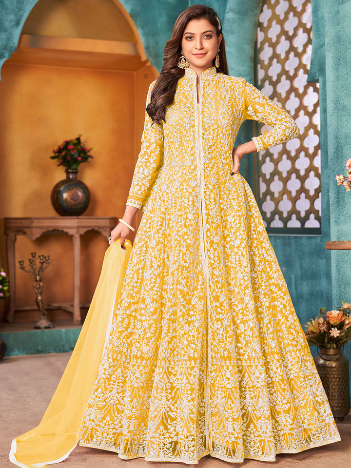 Yellow Embroidered Net Semi Stitched Kurta With Churidar Pajami &amp; Dupatta