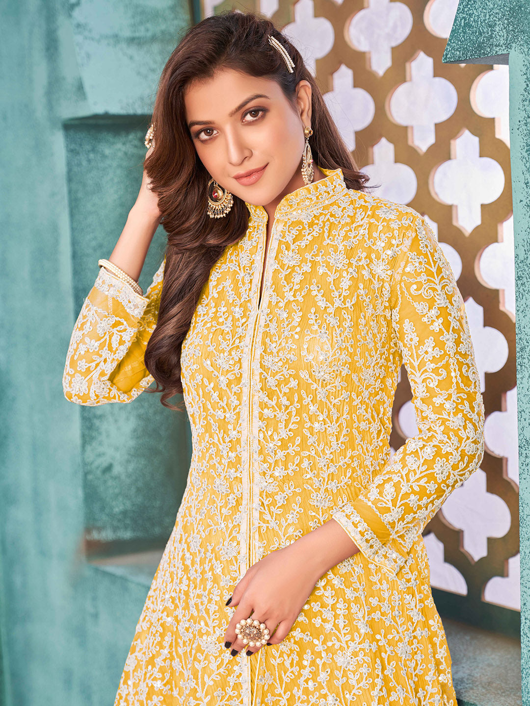 Yellow Embroidered Net Semi Stitched Kurta With Churidar Pajami &amp; Dupatta