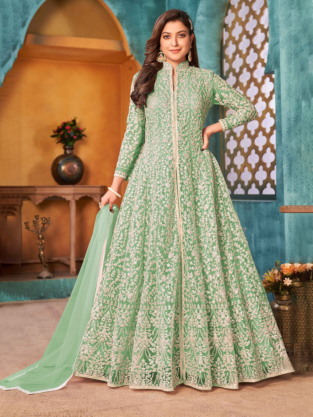 Green Embroidered Net Semi Stitched Kurta With Churidar Pajami &amp; Dupatta