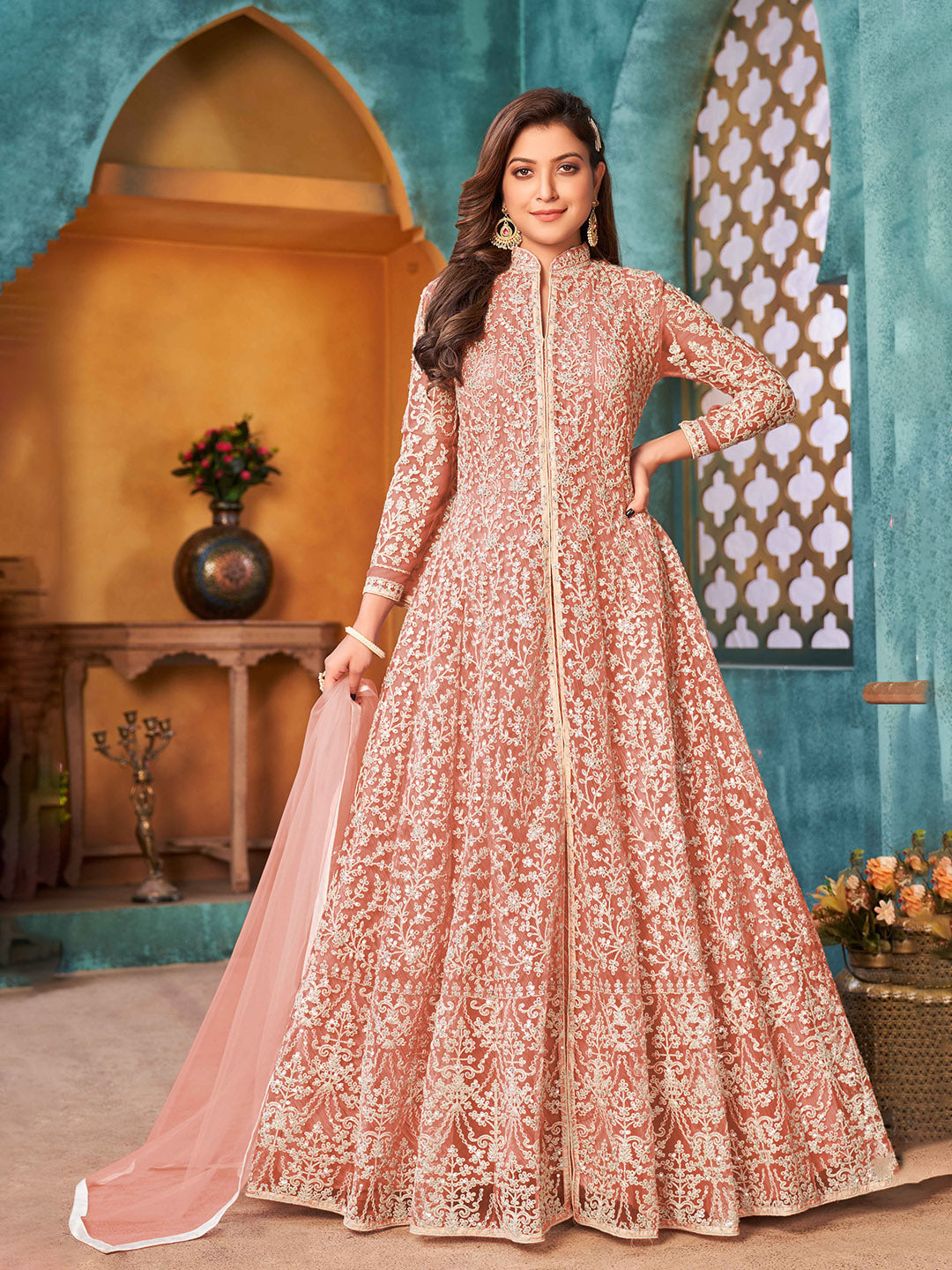 Peach Embroidered Net Semi Stitched Kurta With Churidar Pajami &amp; Dupatta