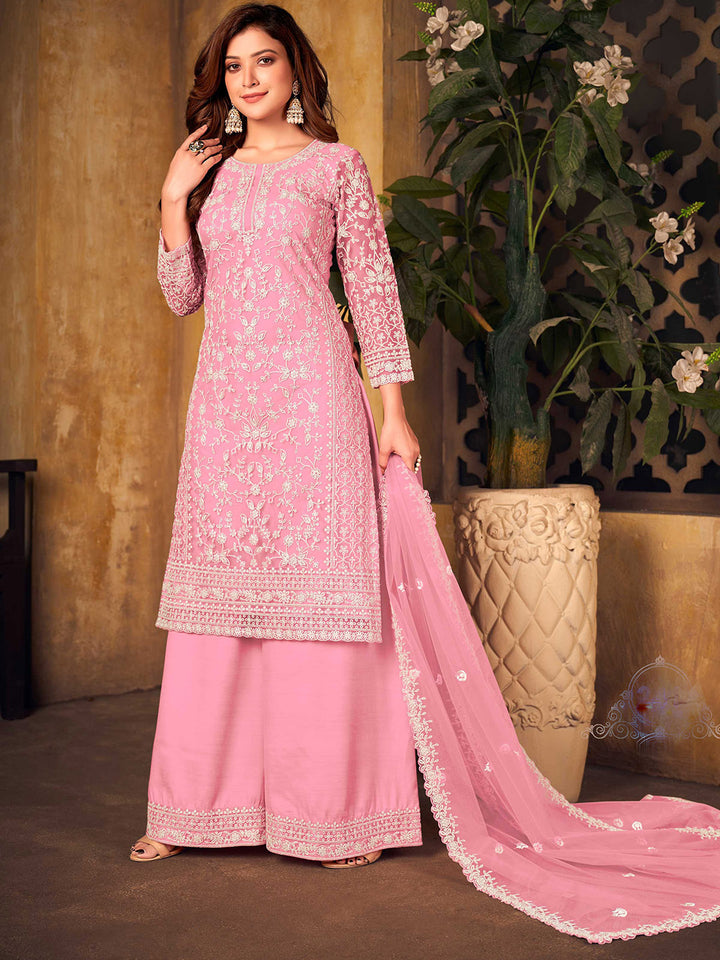 Pink Embroidered Net Semi Stitched Kurta With Palazzo &amp; Dupatta