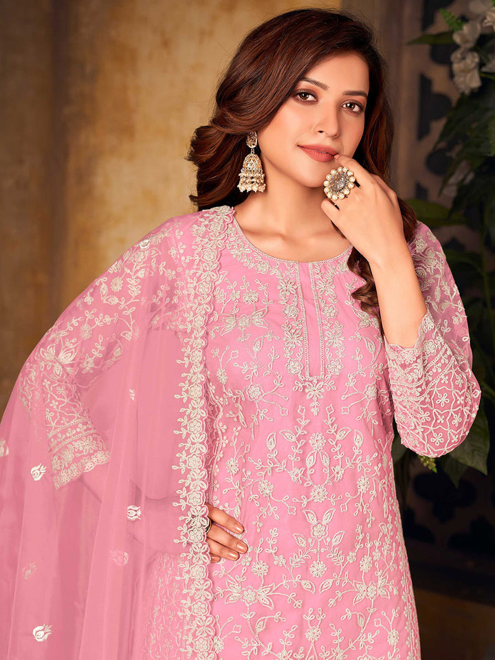 Pink Embroidered Net Semi Stitched Kurta With Palazzo &amp; Dupatta