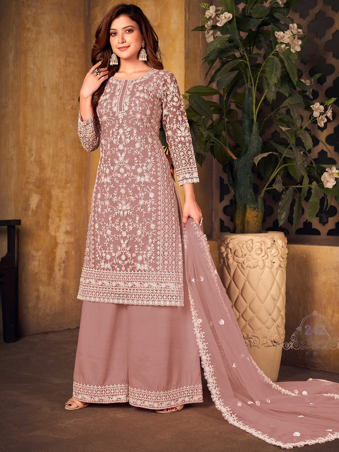Dusty Pink Embroidered Net Semi Stitched Kurta With Palazzo &amp; Dupatta