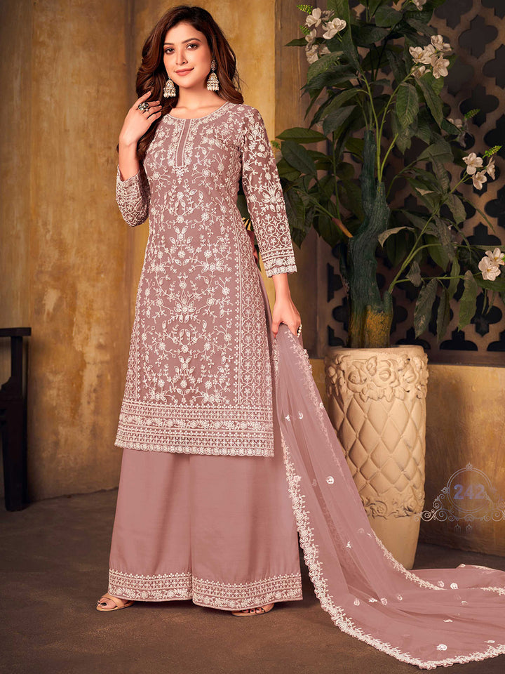 Dusty Pink Embroidered Net Semi Stitched Kurta With Palazzo &amp; Dupatta