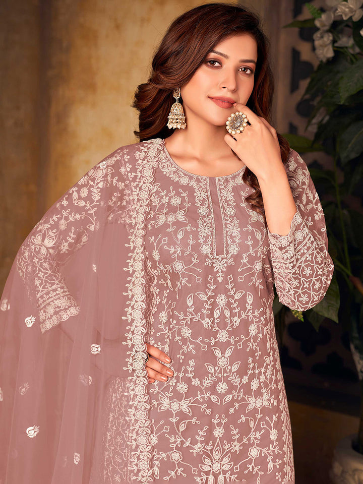 Dusty Pink Embroidered Net Semi Stitched Kurta With Palazzo &amp; Dupatta