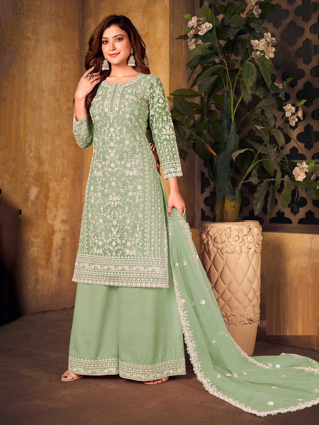 Green Embroidered Net Semi Stitched Kurta With Palazzo &amp; Dupatta