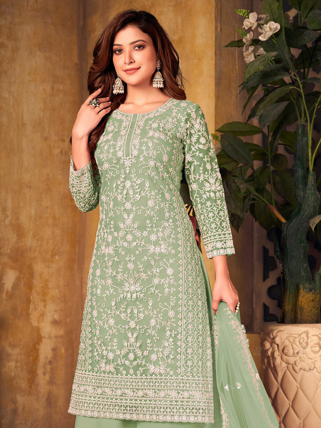Green Embroidered Net Semi Stitched Kurta With Palazzo &amp; Dupatta