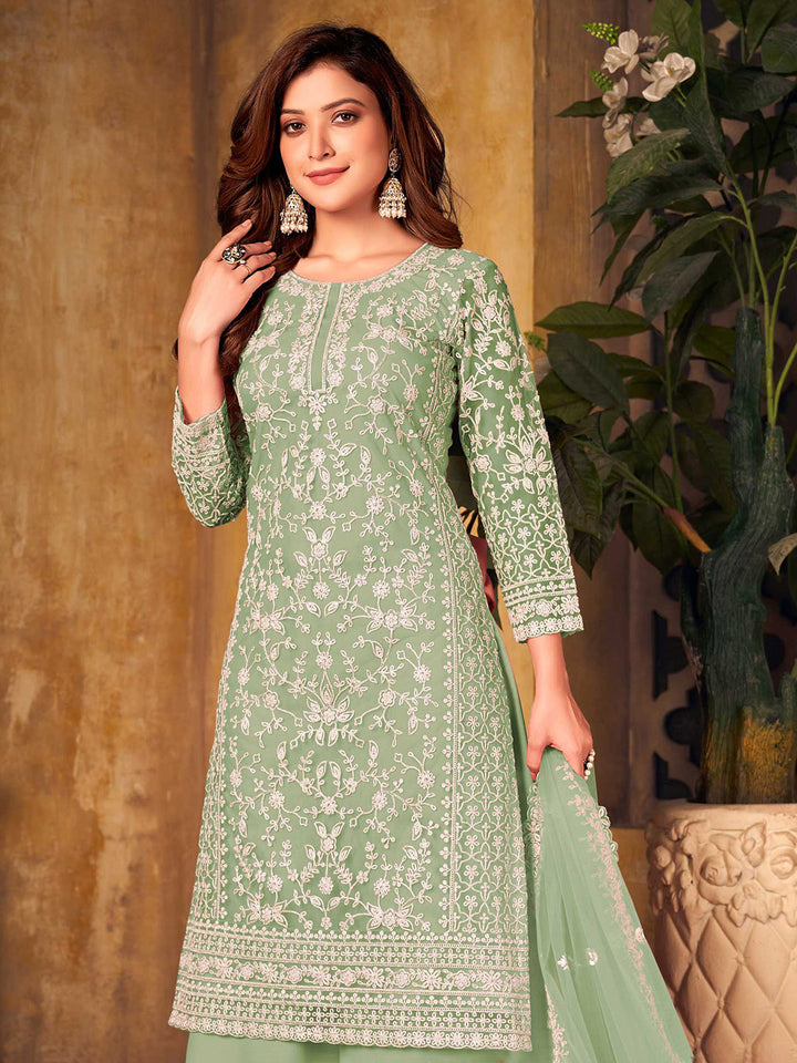 Green Embroidered Net Semi Stitched Kurta With Palazzo &amp; Dupatta