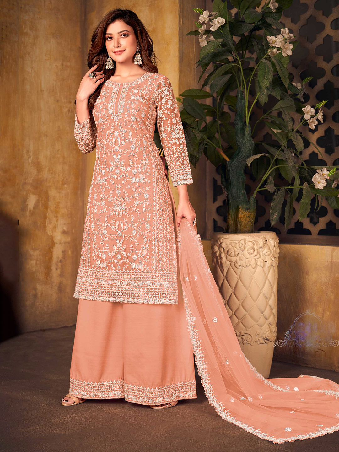 Peach Embroidered Net Semi Stitched Kurta With Palazzo &amp; Dupatta
