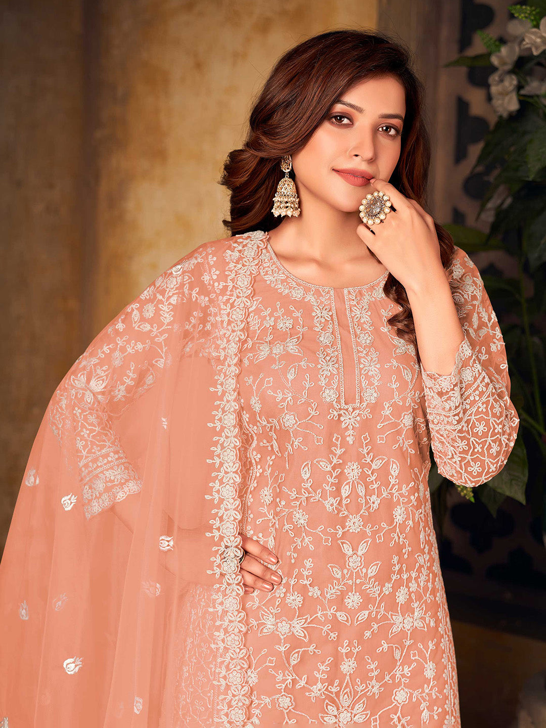 Peach Embroidered Net Semi Stitched Kurta With Palazzo &amp; Dupatta