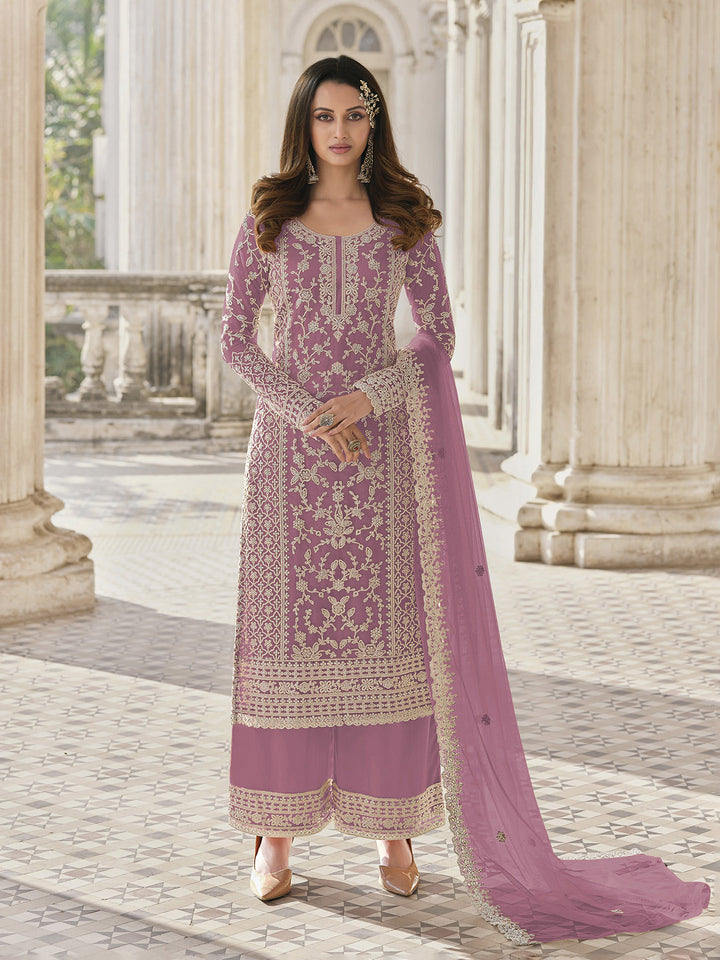 Pink Embroidered Net Semi Stitched Kurta With Palazzo &amp; Dupatta