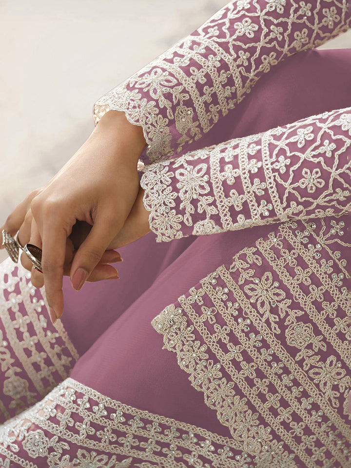 Pink Embroidered Net Semi Stitched Kurta With Palazzo &amp; Dupatta