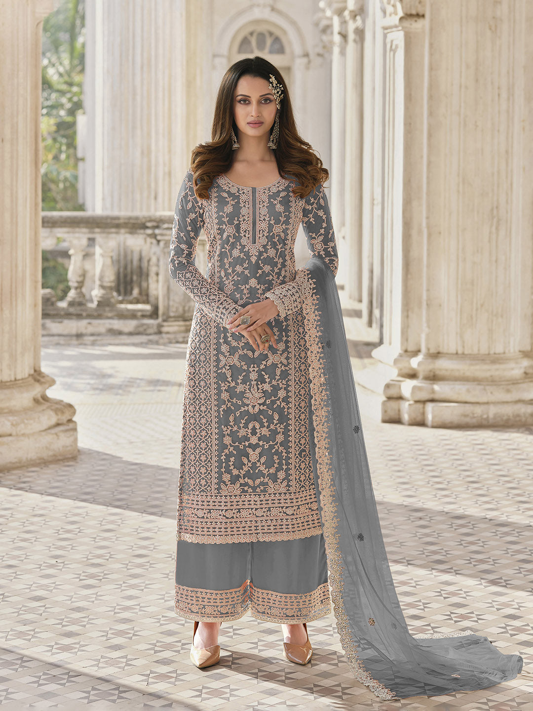 Grey Embroidered Net Semi Stitched Kurta With Palazzo &amp; Dupatta