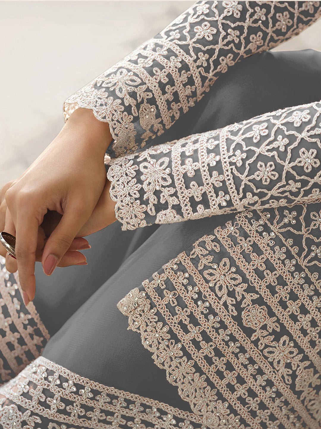 Grey Embroidered Net Semi Stitched Kurta With Palazzo &amp; Dupatta