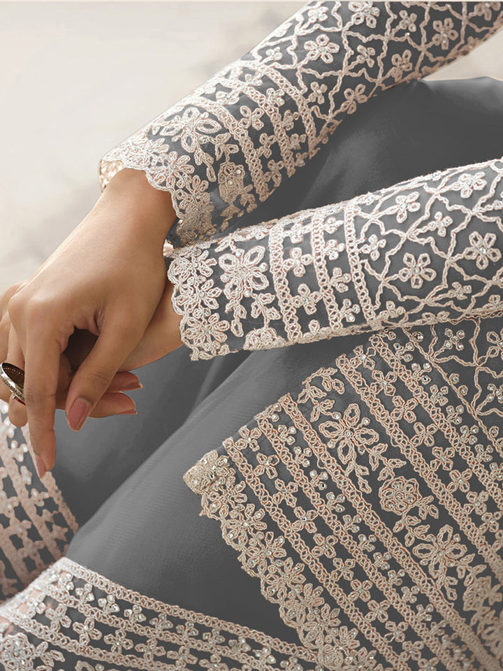 Grey Embroidered Net Semi Stitched Kurta With Palazzo &amp; Dupatta
