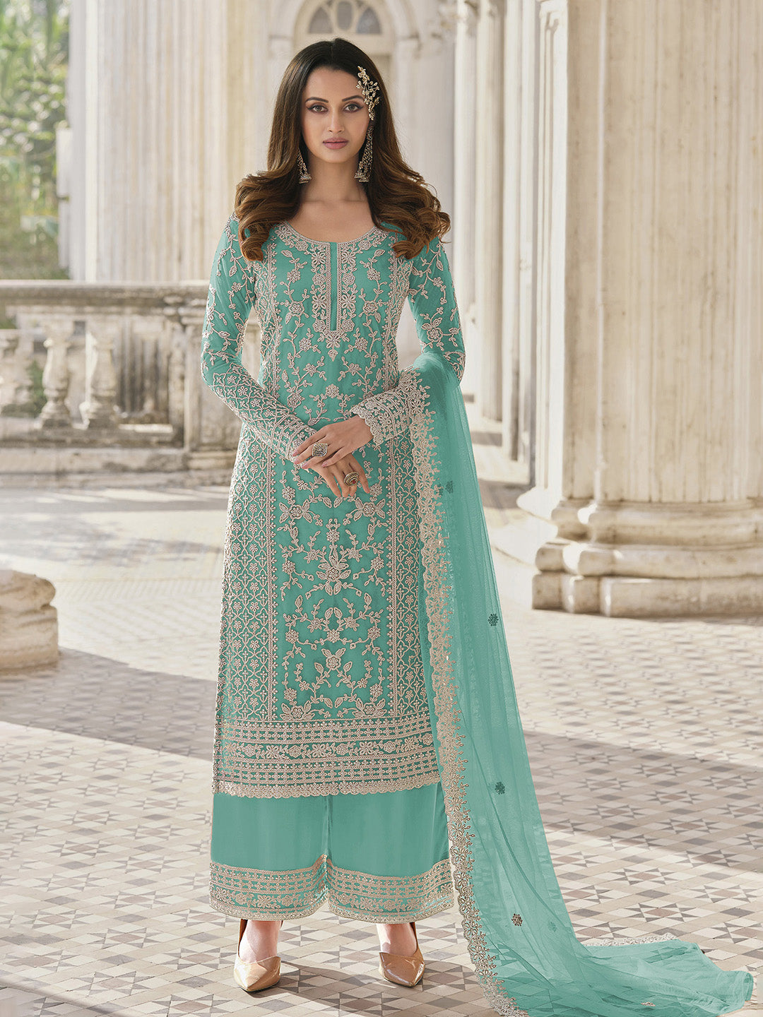 Turquoise Embroidered Net Semi Stitched Kurta Palazzo &amp; Dupatta