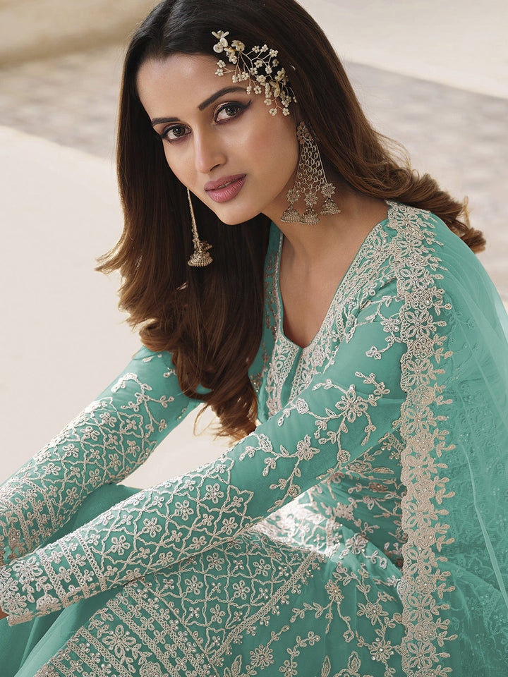 Turquoise Embroidered Net Semi Stitched Kurta Palazzo &amp; Dupatta