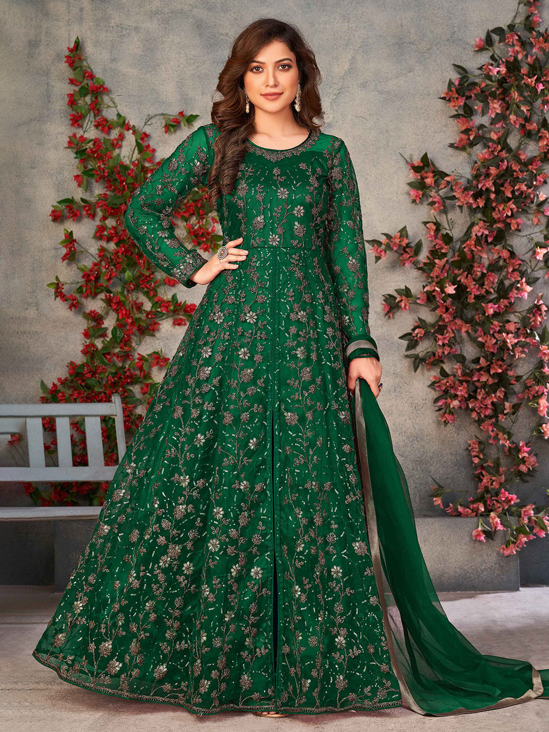Green Embroidered Net Semi Stitched Kurta With Pant &amp; Dupatta