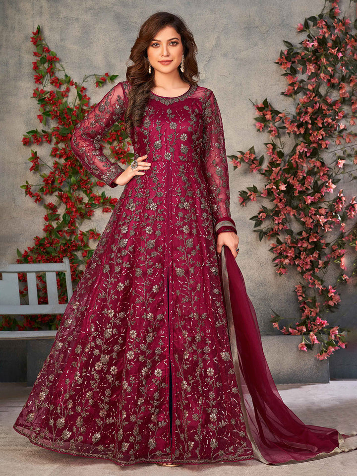 Maroon Embroidered Net Semi Stitched Kurta With Pant &amp; Dupatta