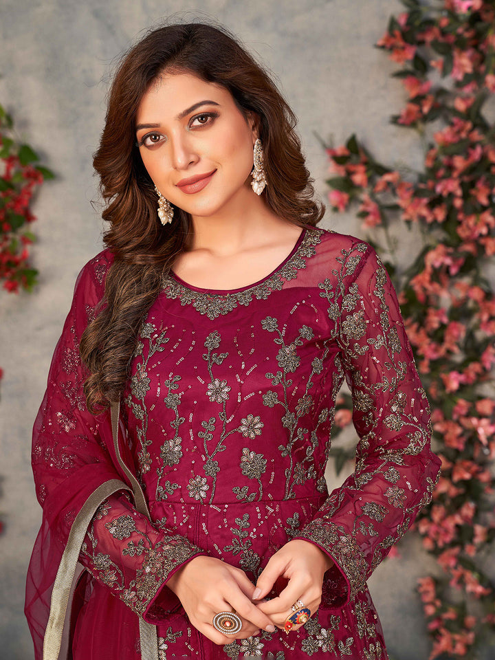 Maroon Embroidered Net Semi Stitched Kurta With Pant &amp; Dupatta