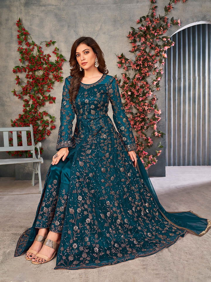 Teal Blue Embroidered Net Semi Stitched Kurta With Pant &amp; Dupatta