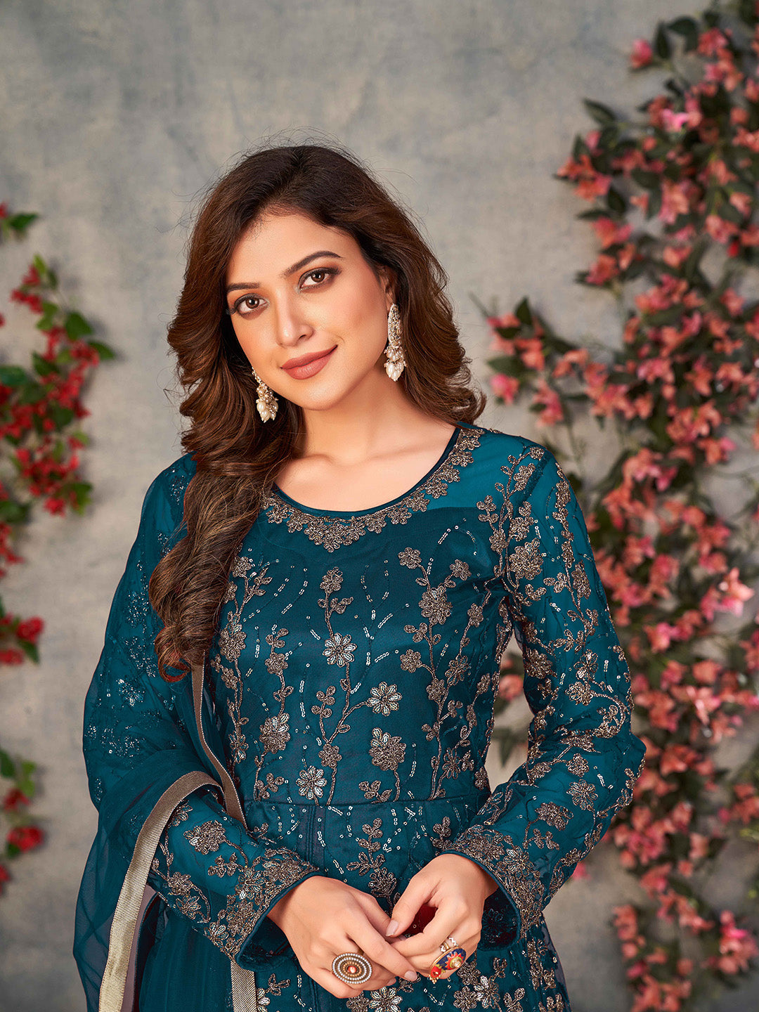 Teal Blue Embroidered Net Semi Stitched Kurta With Pant &amp; Dupatta