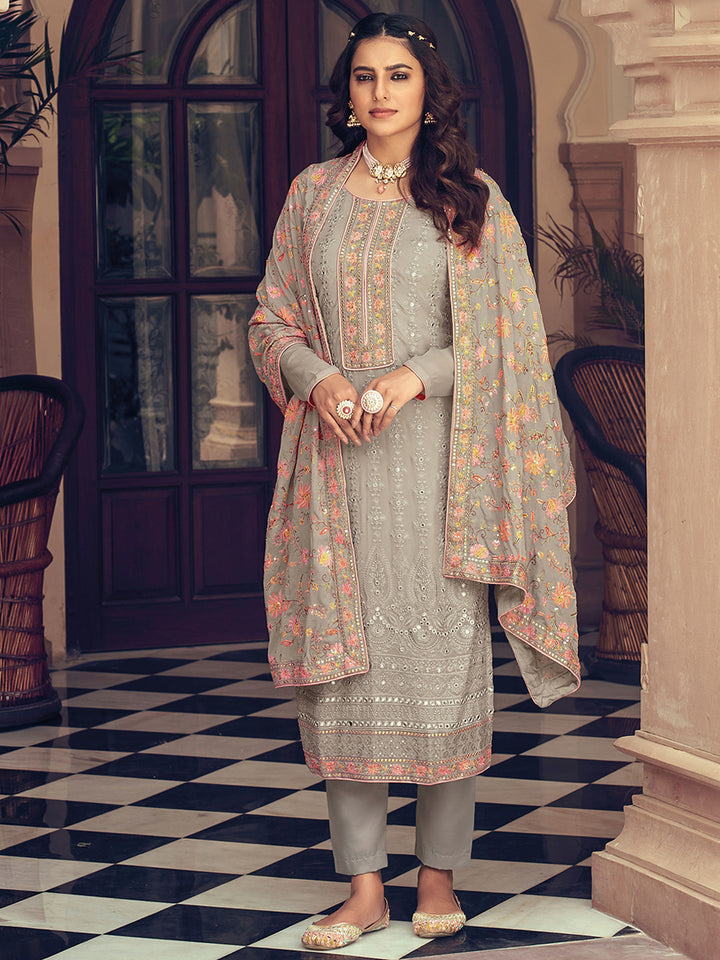 Brown Georgette Embroidered Semi Stitched Straight Palazzo Pant &amp; Dupatta