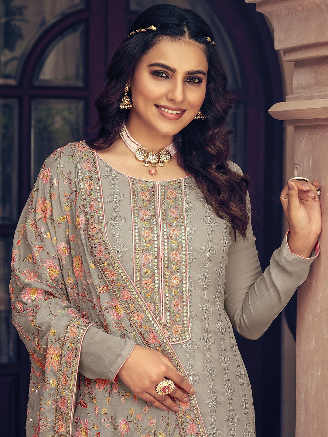 Brown Georgette Embroidered Semi Stitched Straight Palazzo Pant &amp; Dupatta
