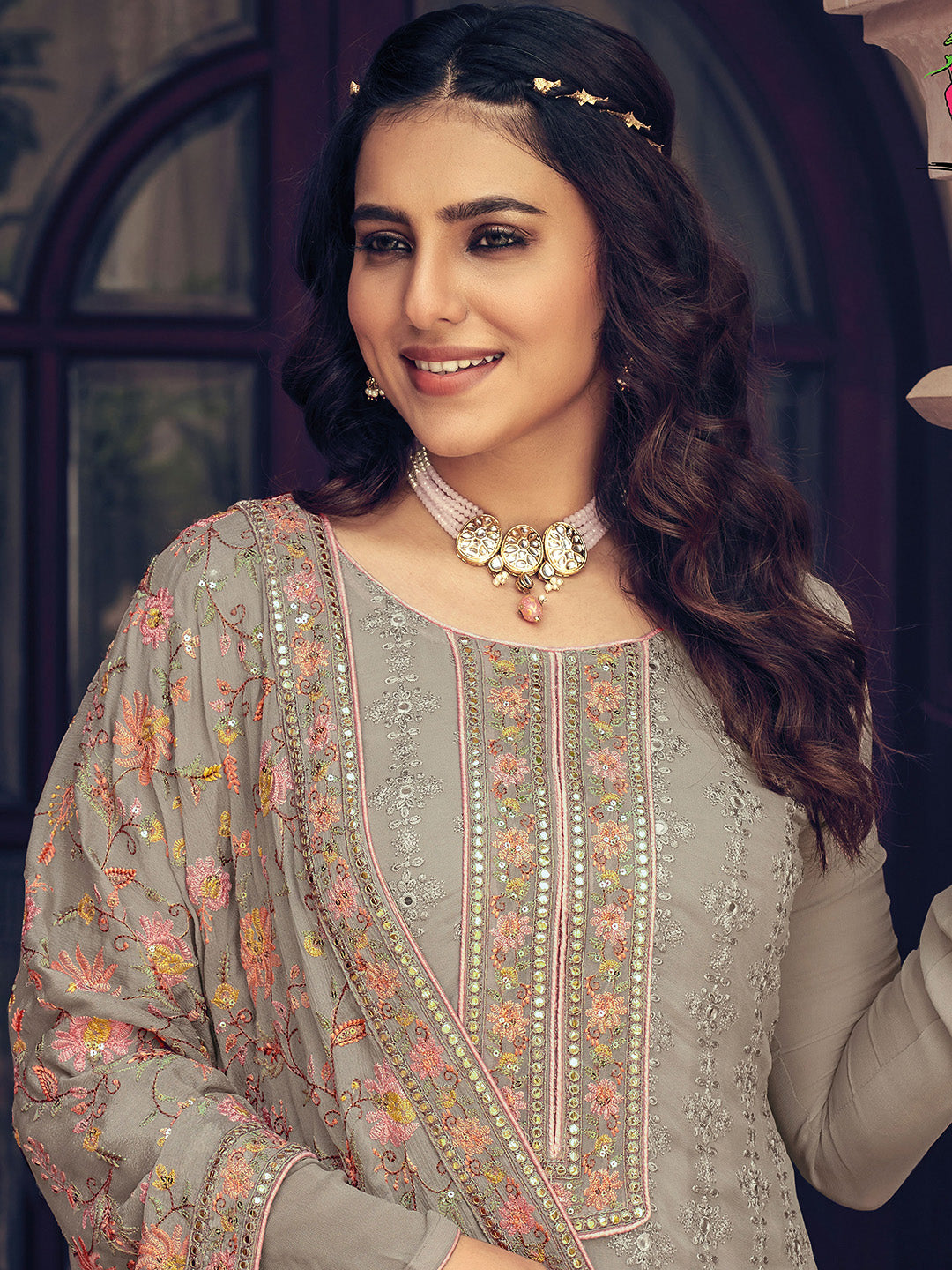 Brown Georgette Embroidered Semi Stitched Straight Palazzo Pant &amp; Dupatta