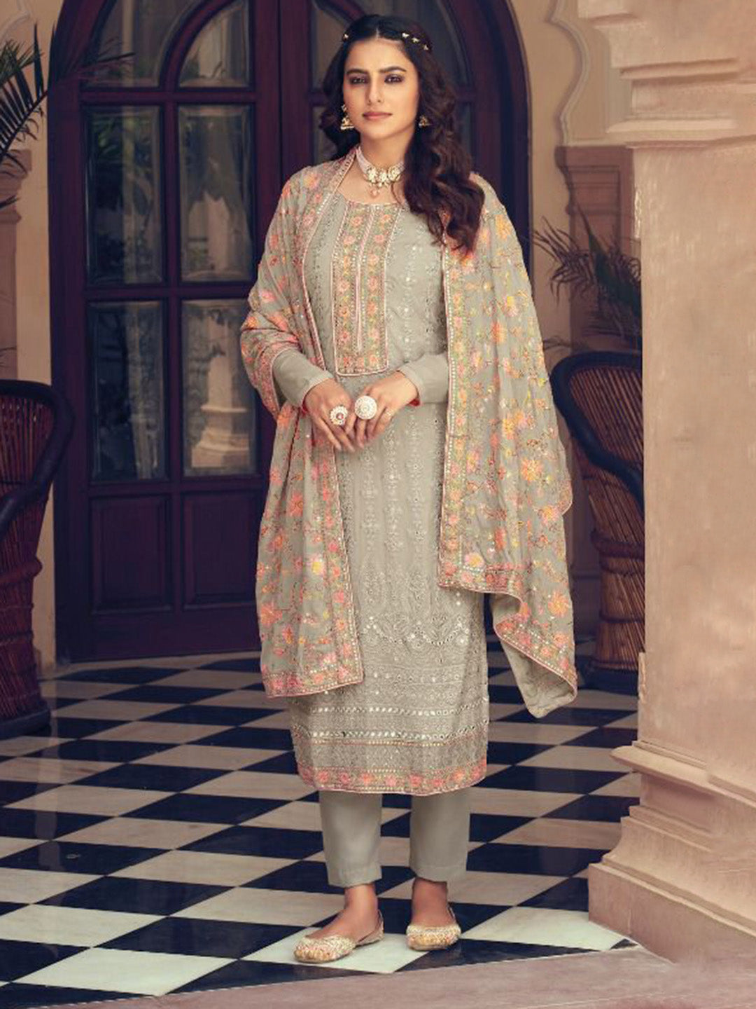 Grey Embroidered Georgette Semi Stitched Kurta Pant &amp; Dupatta