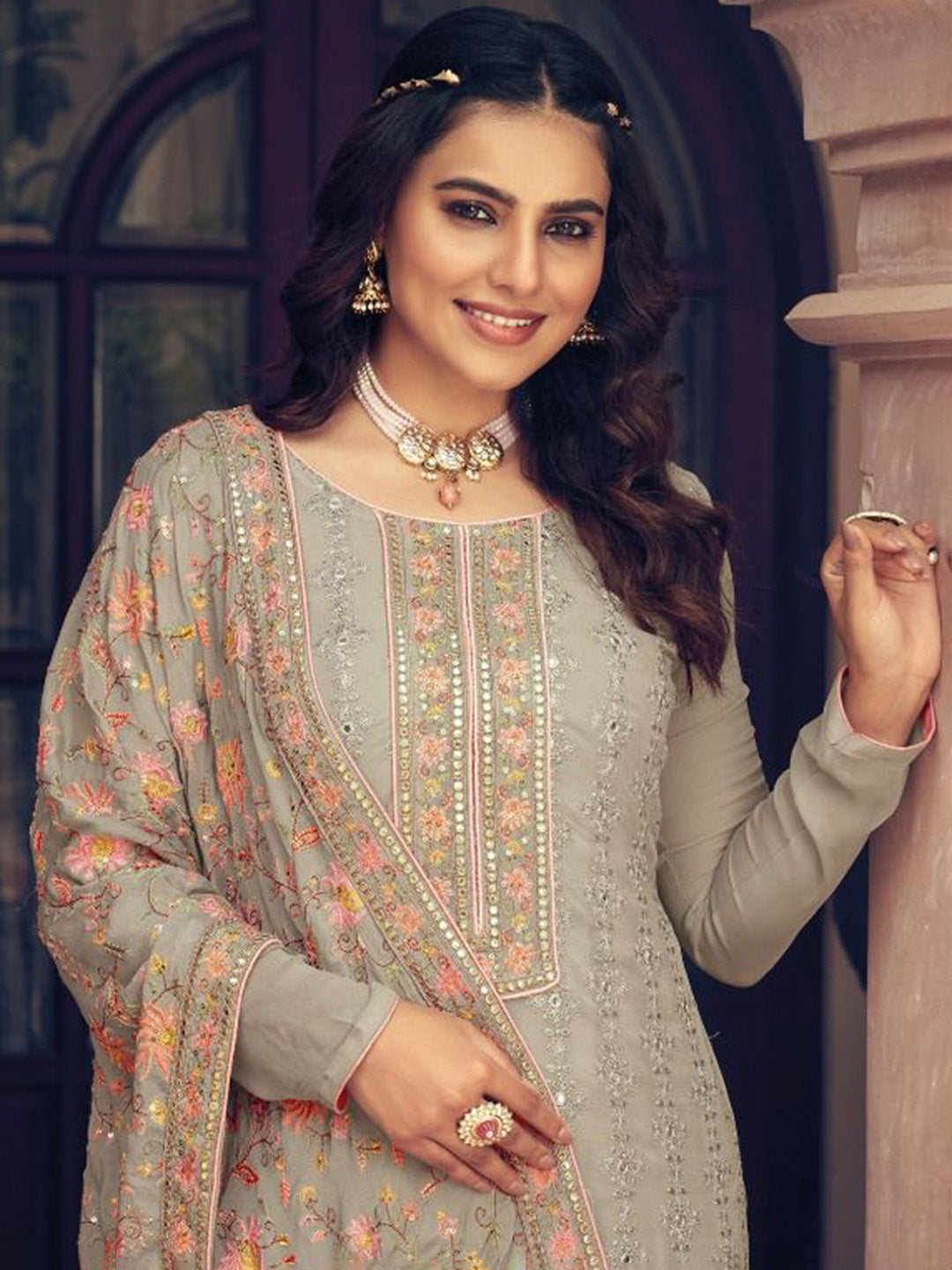 Grey Embroidered Georgette Semi Stitched Kurta Pant &amp; Dupatta