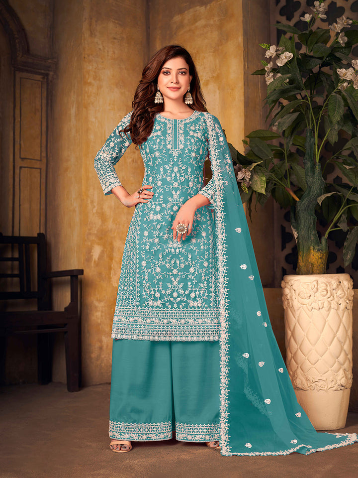 Blue Embroidered Net Semi Stitched Kurta With Palazzo &amp; Dupatta