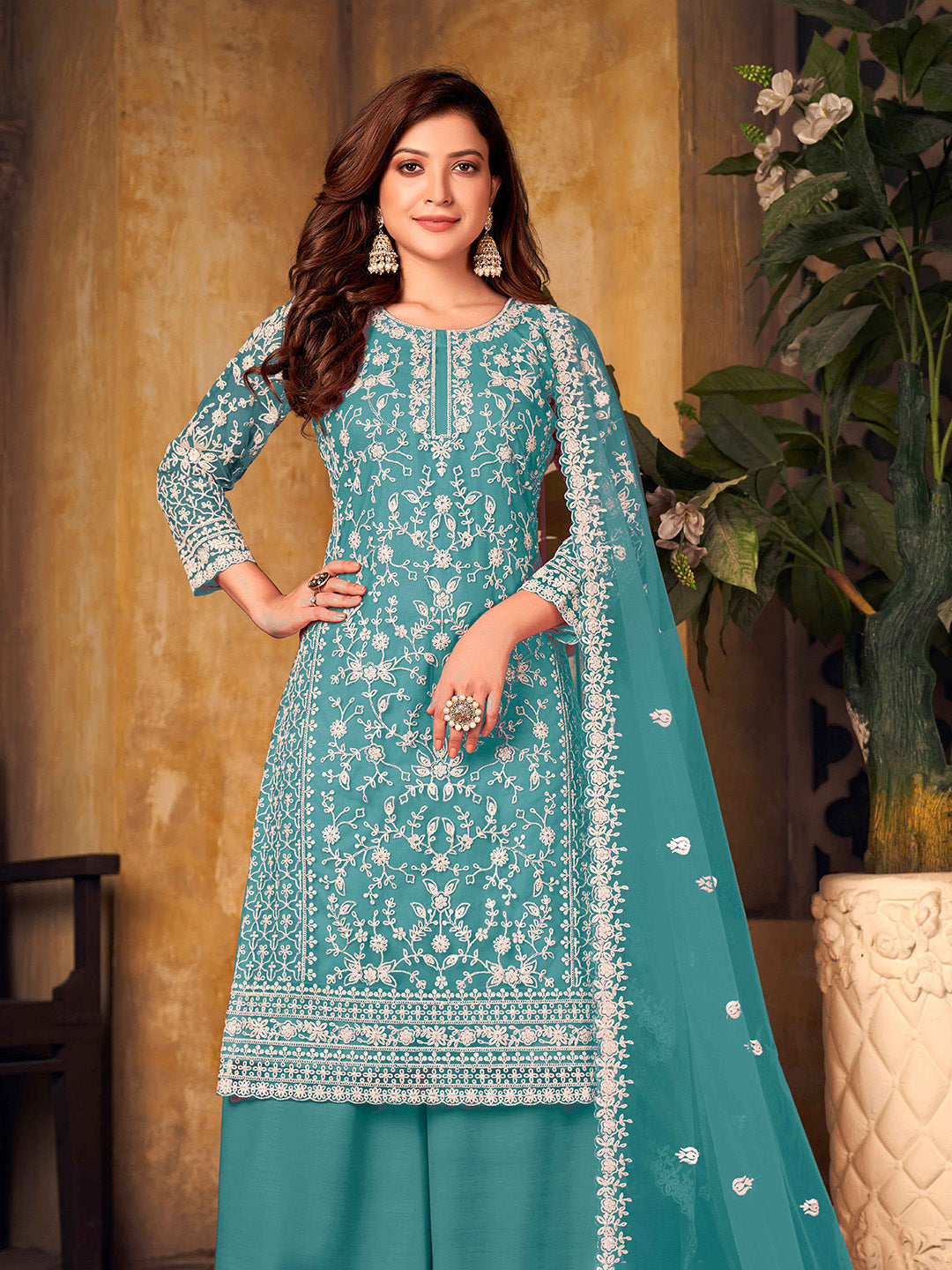 Blue Embroidered Net Semi Stitched Kurta With Palazzo &amp; Dupatta